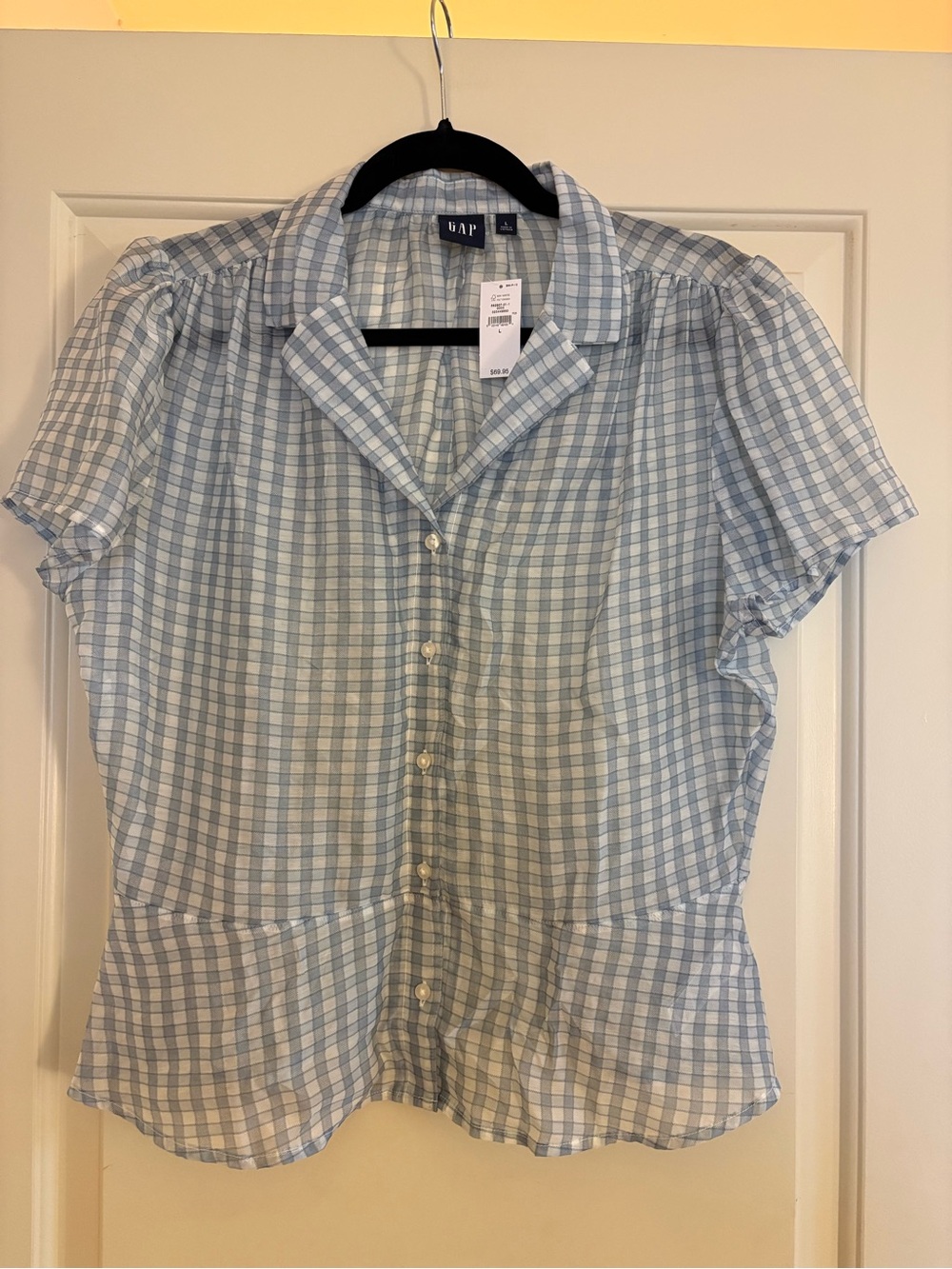 GAP sheer peplum button-front top, blue and white check, size L, NWT - Picture 6 of 9